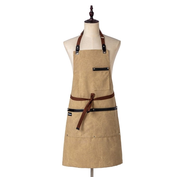 Washed Canvas Apron Chef Cafe Shop BBQ Hairdresser Aprons(Khaki) - Image 9