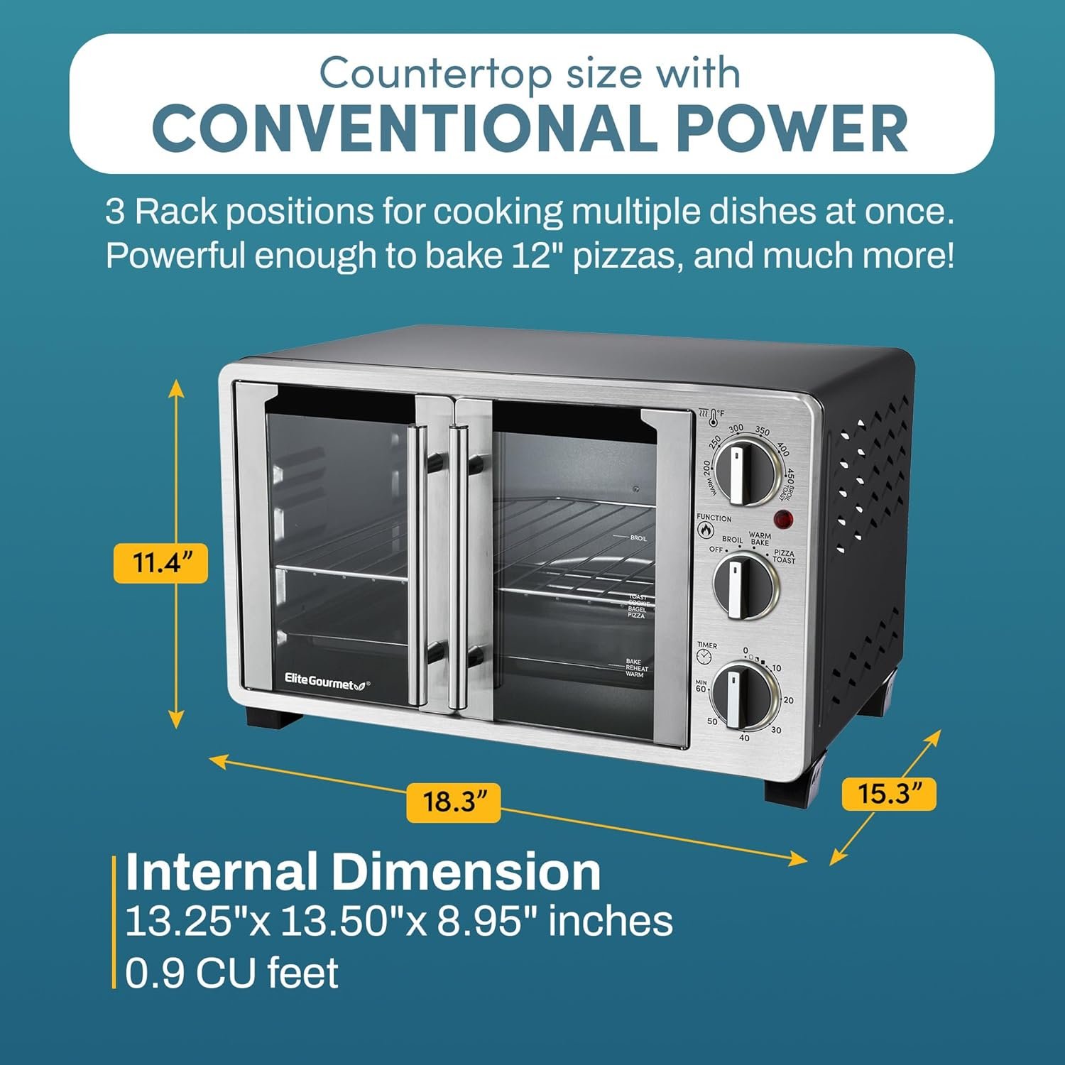 Elite Gourmet ETO2530M Double French Door Countertop Toaster Oven, Bake, Broil, Toast, Keep Warm, Fits 12" pizza, 25L capacity, Stainless Steel & Black - Image 5