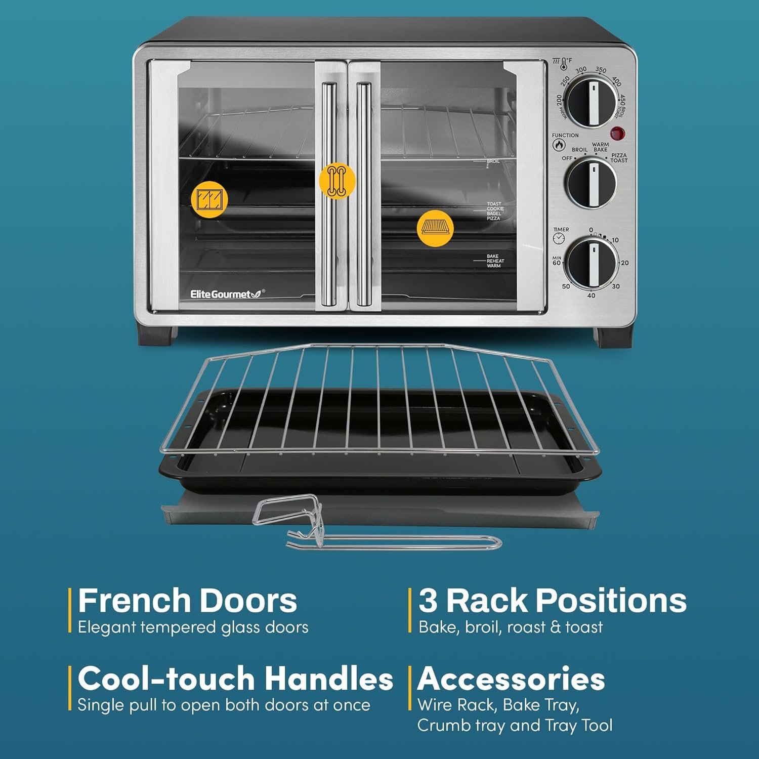 Elite Gourmet ETO2530M Double French Door Countertop Toaster Oven, Bake, Broil, Toast, Keep Warm, Fits 12" pizza, 25L capacity, Stainless Steel & Black - Image 7