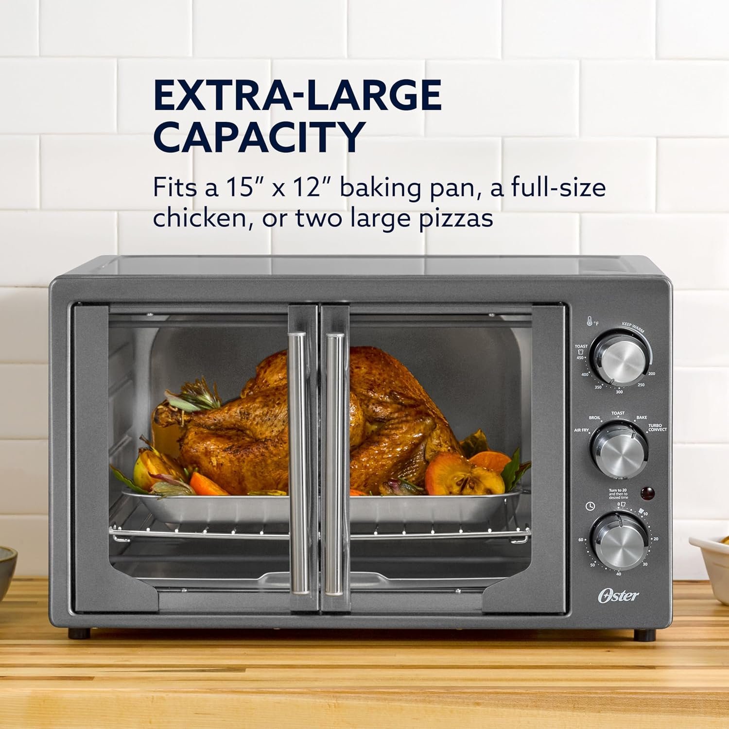 Oster Extra-Large 42L French Door Countertop Toaster Oven, 6-in-1 Air Fryer Oven with Air Fry Rack, Wire Rack, Baking Pan and Crumb Tray, Stainless Steel - Image 3