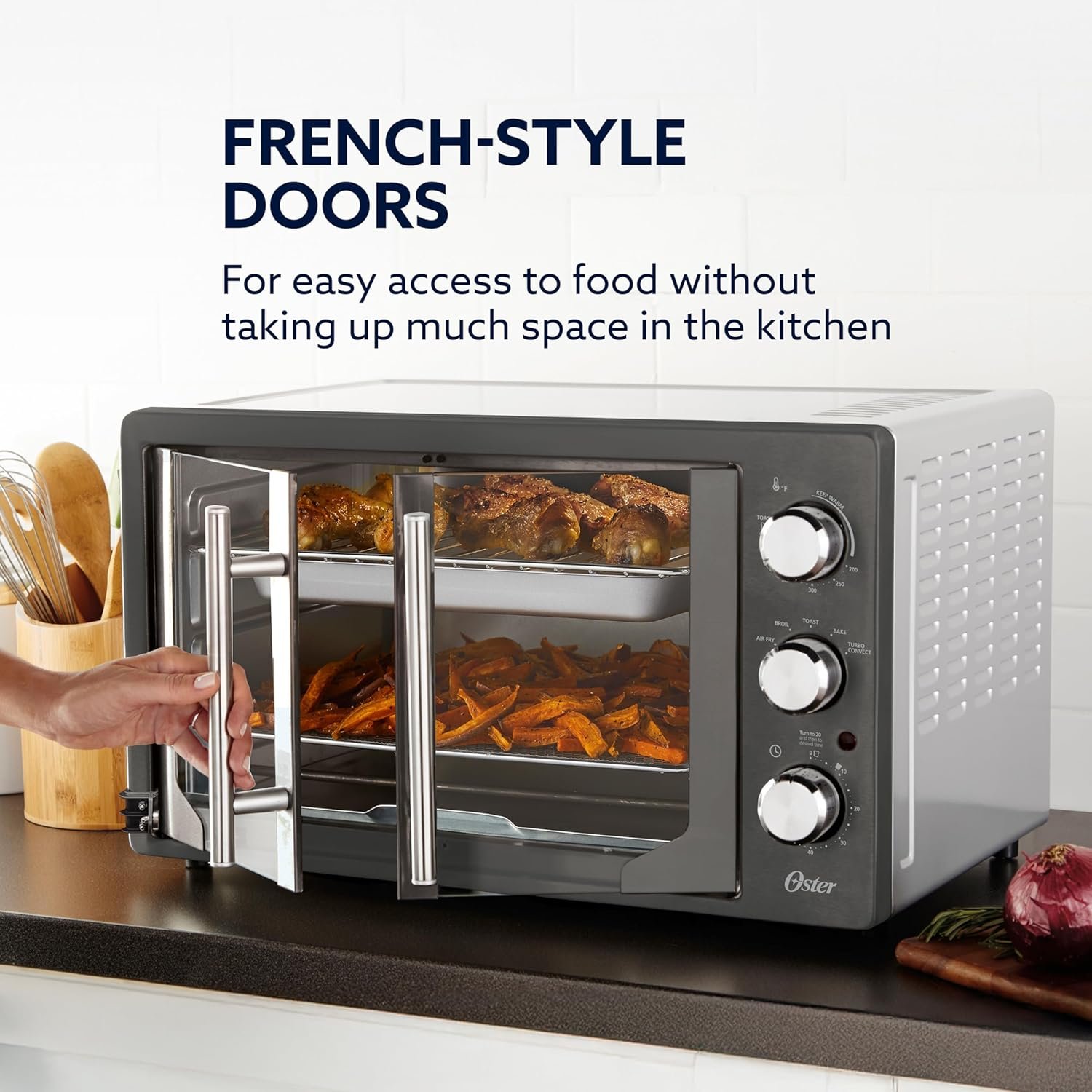 Oster Extra-Large 42L French Door Countertop Toaster Oven, 6-in-1 Air Fryer Oven with Air Fry Rack, Wire Rack, Baking Pan and Crumb Tray, Stainless Steel - Image 2