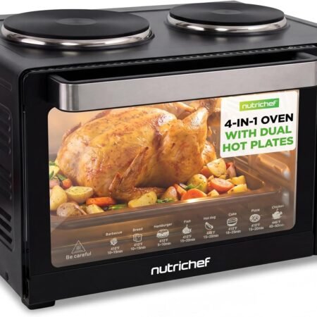 NutriChef 30 Quart Kitchen Convection Oven & 2 Burner Cooker - 1500 Watt Oven - 7 Cook Functions Rotisserie, Cook, Bake, Broil & More - Includes Baking Tray, Skewers & Handles - 19.6 x 16.0 x 13.5 IN
