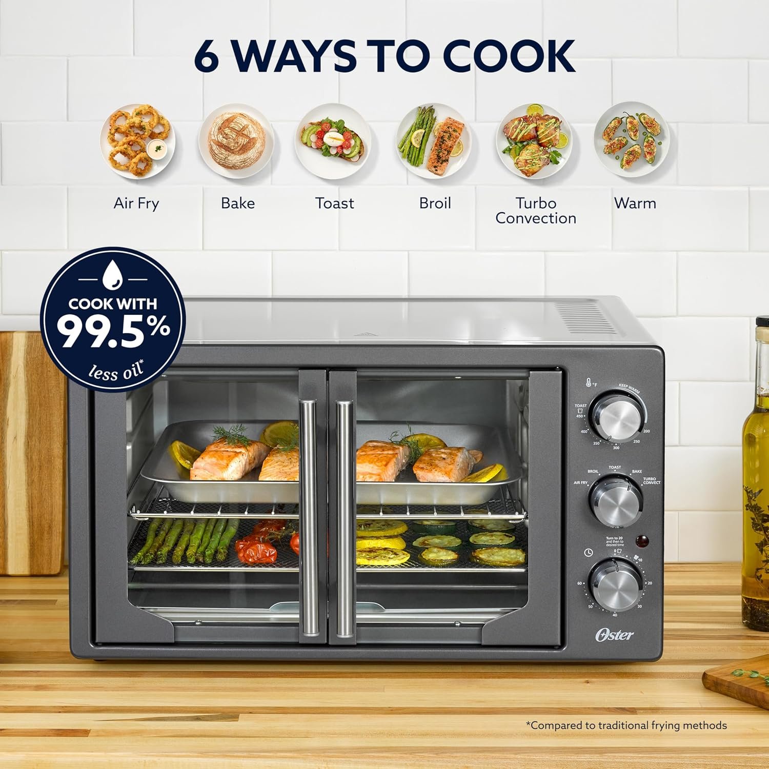 Oster Extra-Large 42L French Door Countertop Toaster Oven, 6-in-1 Air Fryer Oven with Air Fry Rack, Wire Rack, Baking Pan and Crumb Tray, Stainless Steel - Image 4